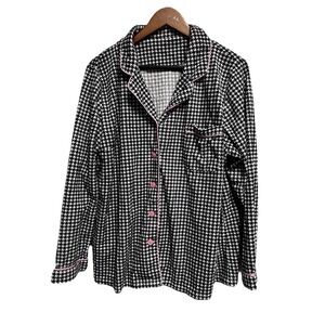 023-008 Womens 2x Pajama Sleep Shirt Black‎ Houndstooth Plush Soft Pj Top